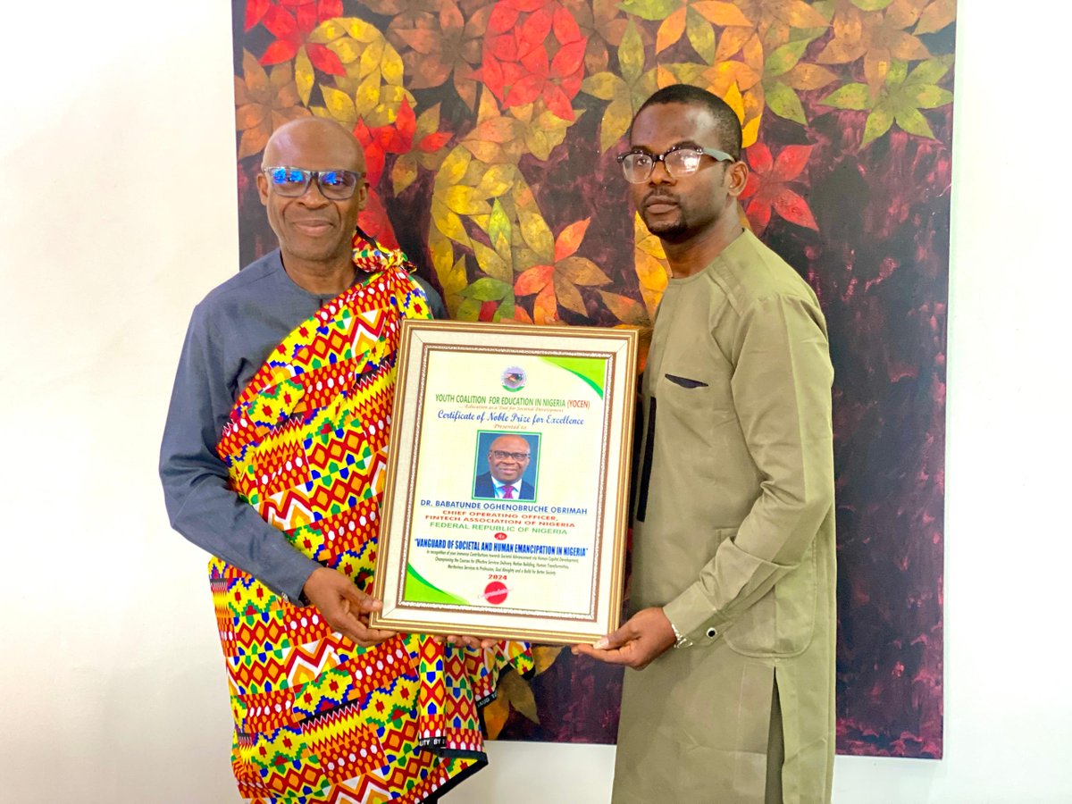 fintechngr's tweet photo. The Youth Coalition for Education in Nigeria (YOCEN) honored Dr. Babatunde Obrimah, COO of fintechngr at a memorable award ceremony. Dr. Babatunde Obrimah was presented with the Certificate of Noble Prize for Excellence as a Vanguard of Societal and Human Emancipation in Nigeria. https://t.co/QslopRCaJw