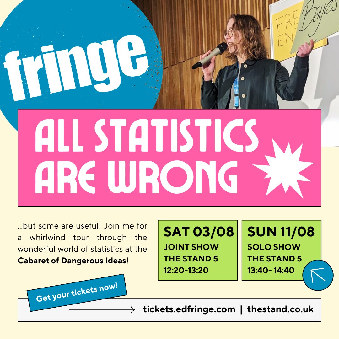 Isabella Deutsch (@bayesianbella) on Twitter photo You might have already noticed that I love talking about statistics -- now I get to do it on stage at the Fringe Festival!
As part of the Cabaret of Dangerous Ideas, I have the honour of performing two shows (one solo show and one joint show with <a href="/Dr_KLef/">Dr Katharina Addington-Lefringhausen</a>) at the Stand 5! You might have already noticed that I love talking about statistics -- now I get to do it on stage at the Fringe Festival!
As part of the Cabaret of Dangerous Ideas, I have the honour of performing two shows (one solo show and one joint show with <a href="/Dr_KLef/">Dr Katharina Addington-Lefringhausen</a>) at the Stand 5!