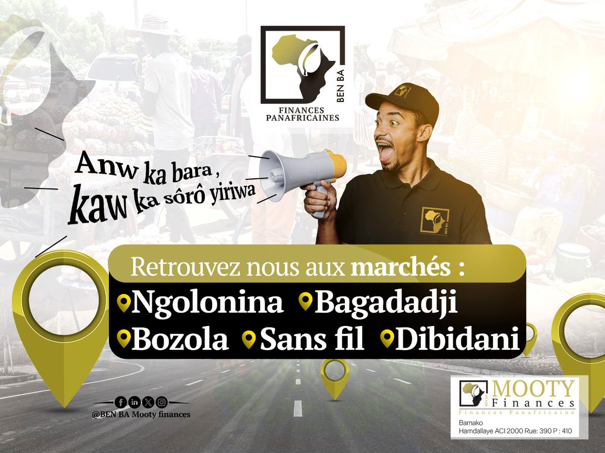 MootyFinances's tweet photo. Caravane Ben Ba ! 

Après avoir reçu un accueil chaleureux hier à Para Djicoroni et Sénénikoro, la caravane se dirige aujourd’hui vers Ngolonina, Bagadadji, Bozola, Sans Fil et Dibidani.

Notre objectif est simple : vous aider à développer votre entreprise.
#proximité https://t.co/4vQDDp92we