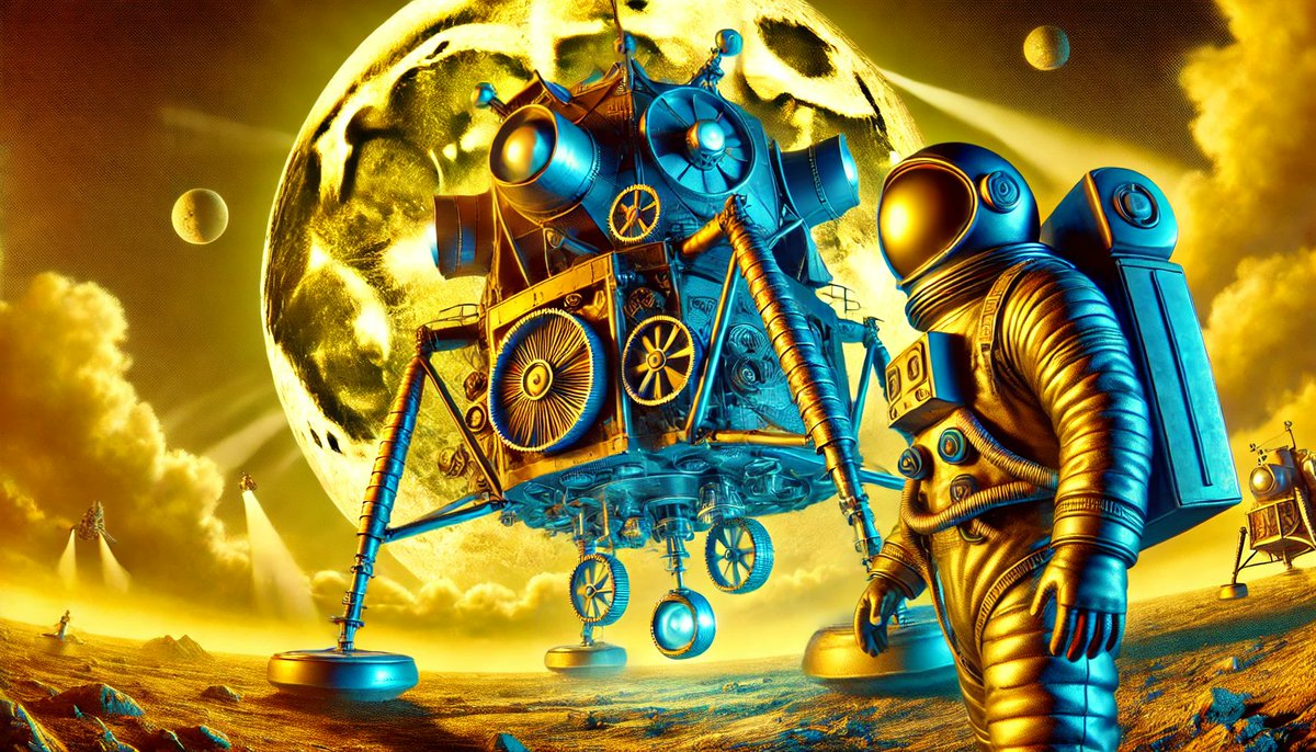 222TT222's tweet image. &lt;&lt;Argent blue (imaginary) #LunarModule landing managed by Pete, in the yellow haze of the sun, #Anaglyphic #Steampunk, in the style of 1960s pulp&gt;&gt; I dined with #PeteConrad twice, though he died in a motorcycle accident on earth on July 8, 1999. #DALLE #アナグリフ #スチームパンク…