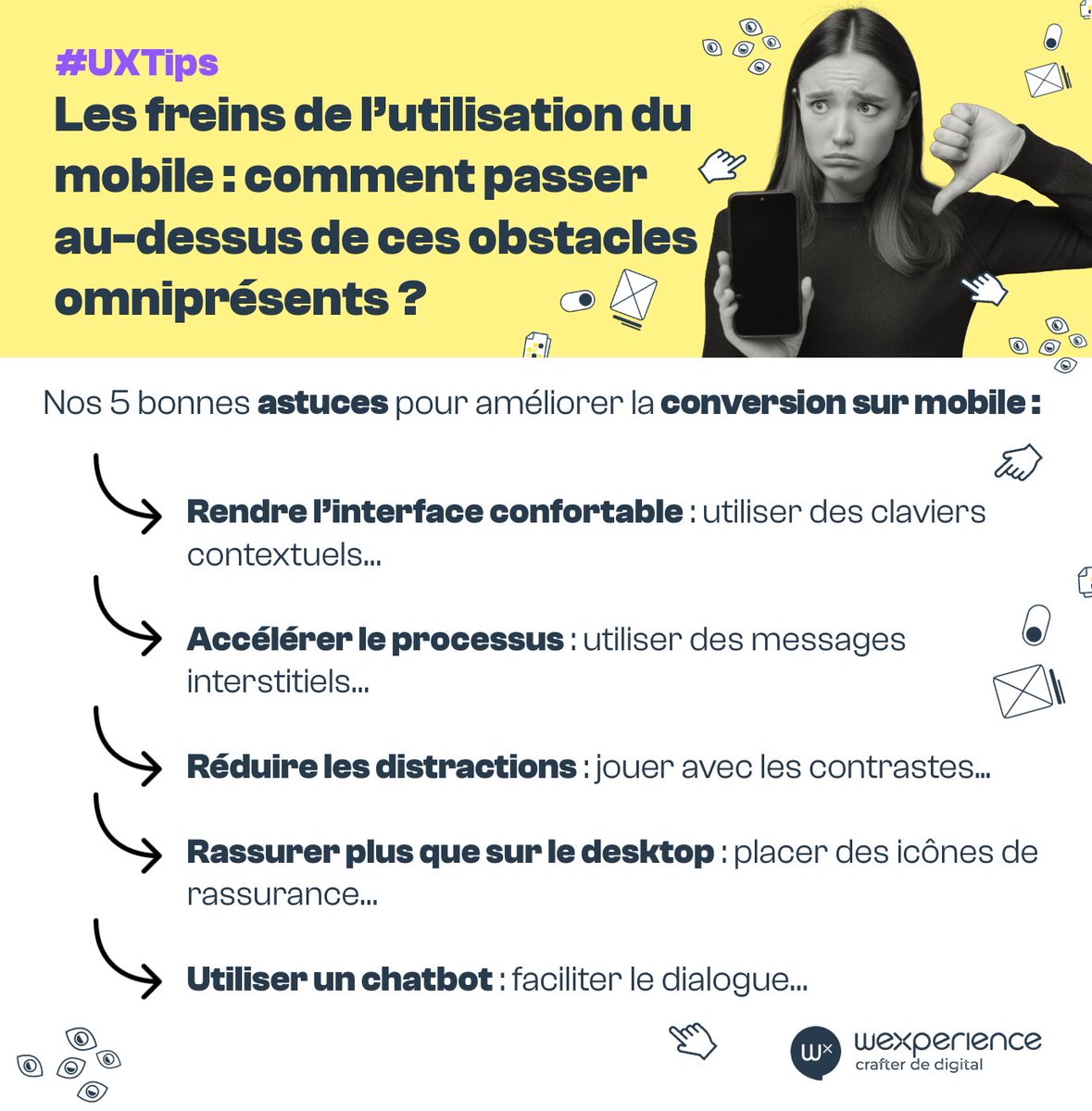 Wexperience's tweet image. 📵 Les freins à la conversion mobile : comment passer au-dessus de ces obstacles omniprésents ? 
Découvrez nos 5 conseils pour une conversion mobile assurée .
bit.ly/4cxLBEf
#VenteEnLigne #UXTips #TauxDeConversion #Mobile #Chatbot
