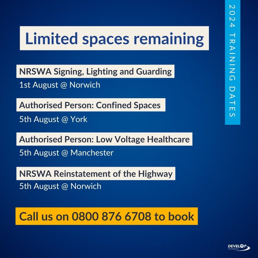 DevelopTraining's tweet image. ⚡ Final chance to book a space on these popular training courses. hubs.li/Q02B6bSx0

#nrswa #streetworks #highvoltage #utilities #gas #water #electrical #legionella #derby #swindon #confinedspaces