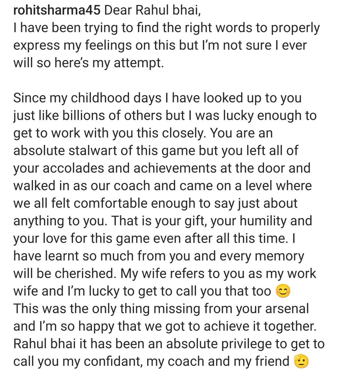 An emotional Instagram post by Captain Rohit Sharma for Rahul Dravid. ❤️