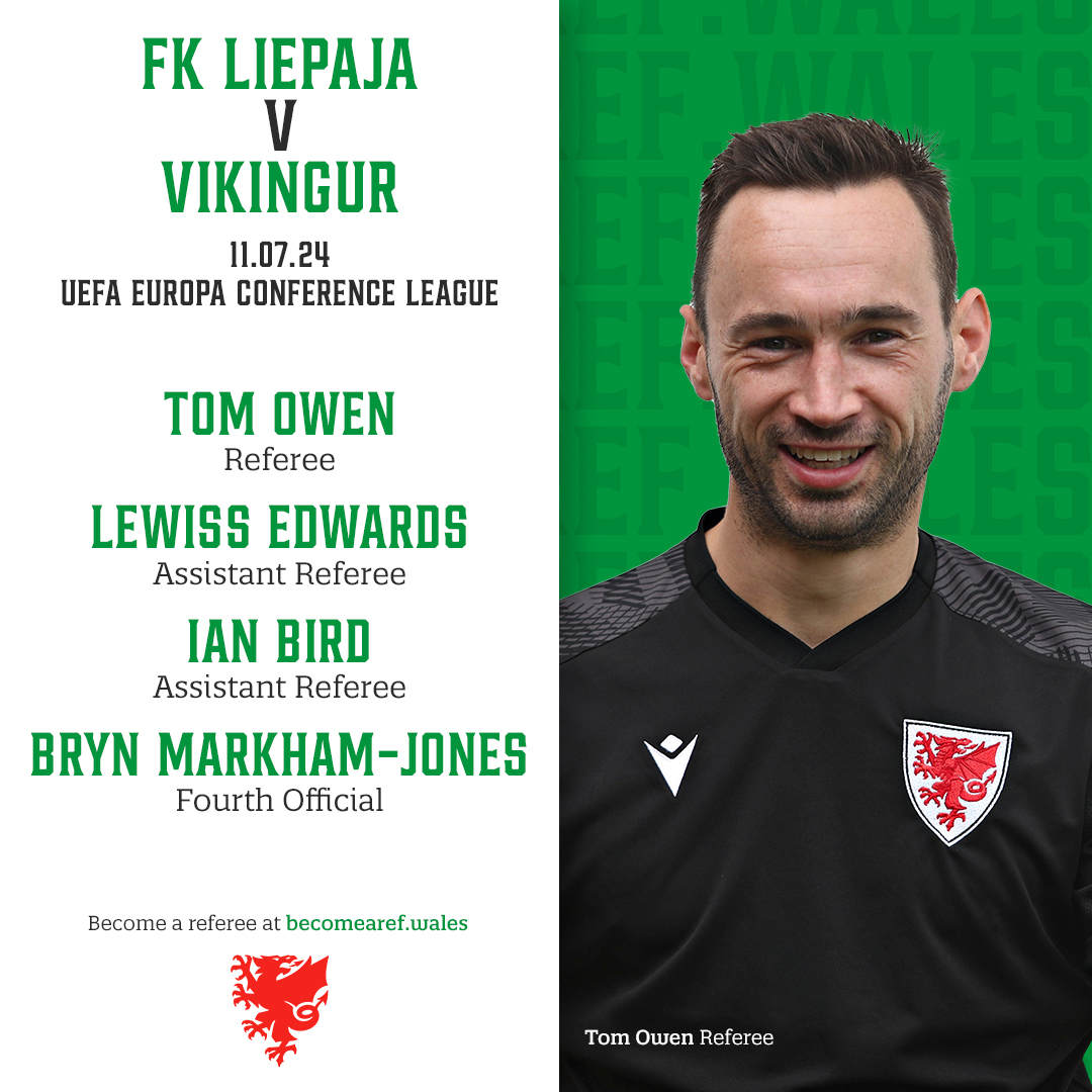 🏴󠁧󠁢󠁷󠁬󠁳󠁿 Iwan Griffith, Rob Jenkins &amp; Tom Owen will all officiate in the UEFA Europa Conference League this evening. 

Feeling inspired? Visit becomearef.wales