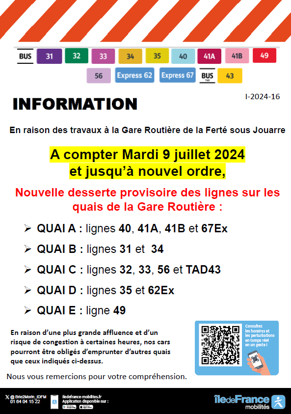 Brie2Morin_IDFM's tweet photo. 🚍#InfoTrafic
📢Lignes : #L31 #L32 #L33 #L34 #L35 #L40 #L41A #L41B #TAD43 #L49 #L56 #62Ex #67Ex
🗓️A partir du mardi 9 juillet 2024
🚧Travaux Gare SNF de La Ferté sous Jouarre
‼️ NOUVEAU CHANGEMENT DANS L'AFFECTATION DES QUAIS ‼️ https://t.co/IMhTrc6I0L