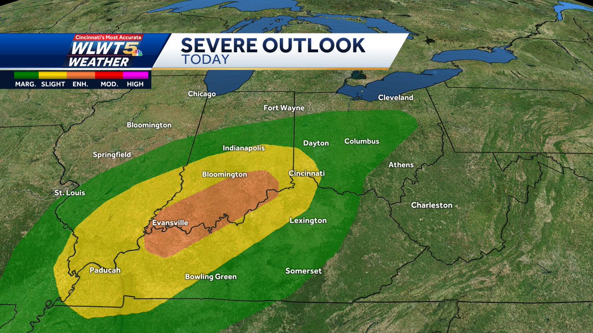An enhanced area (orange along the Ohio River between IN/KY) added to the severe weather threat map for today. This highlights the best chances for tornadic storms later into the evening.
#WLWT
