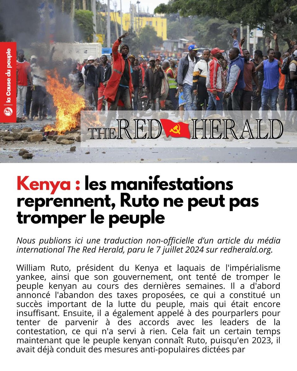 Cause_du_Peuple's tweet photo. 🔴⚡🇰🇪 Kenya : les manifestations reprennent, Ruto ne peut pas tromper le peuple

"William Ruto, président du Kenya et laquais de l’impérialisme yankee🇺🇸, ainsi que son gouvernement, ont tenté de tromper le peuple kenyan au cours des dernières semaines."

https://t.co/GJOOtt978x https://t.co/wkTHQrAQ3Q