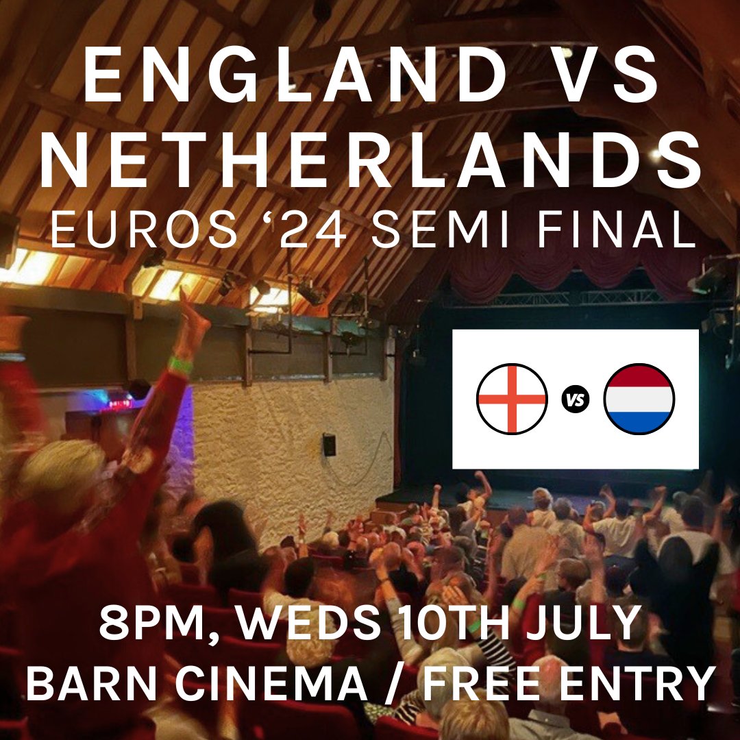 Will Southgate's boys triumph against the Dutch to make it to the Euro Championships final? 
The atmosphere in the Barn Cinema was electric for the last match, so join us for Wednesday's crunch tie at 8pm, free entry.
The Roundhouse Bar will be serving drinks.
#ItsComingHome