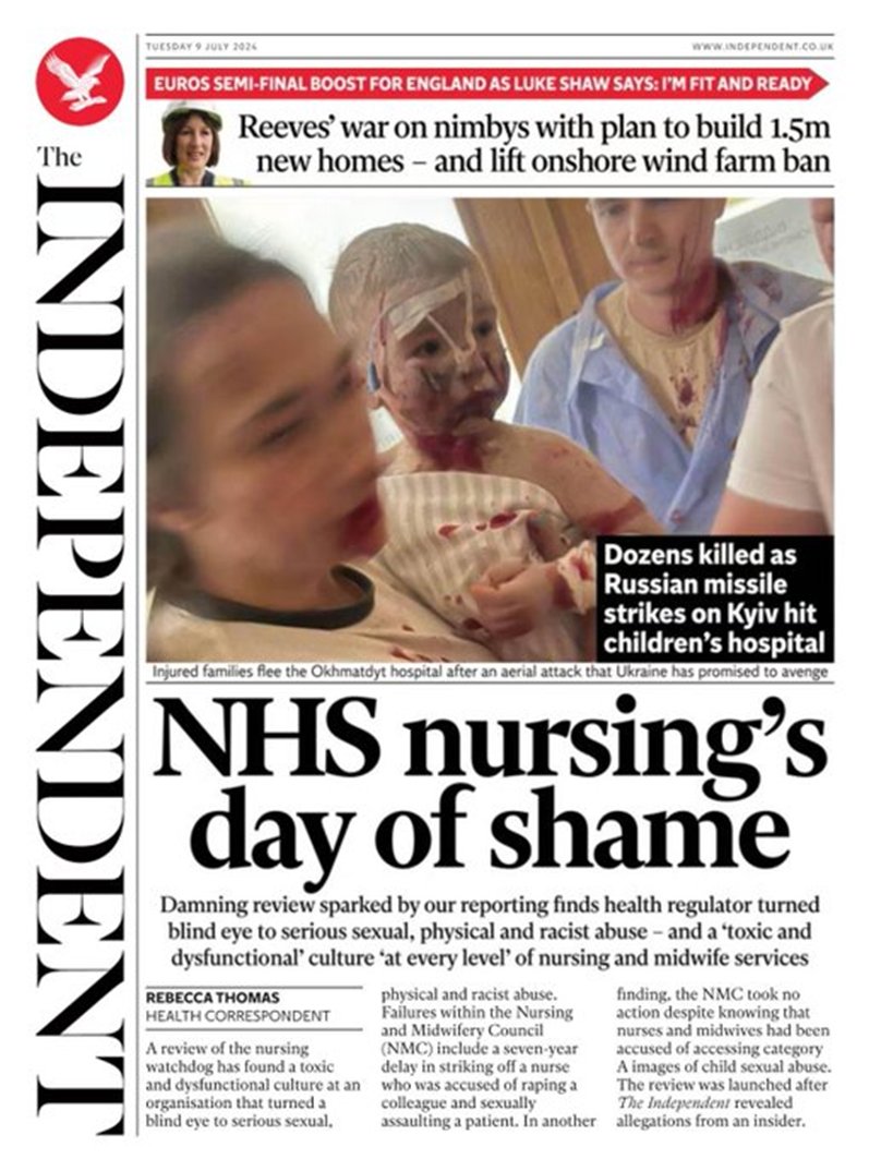 standard_ngr's tweet photo. TUESDAY JULY 09, 2024 UK NEWSPAPER HEADLINES
1. The Independent
- Dozens killed as Russian Missile strikes on Kyiv hit Children Hospital
2. i Report
- Beauty vs Pragmatism
Tags: #Spain_France I #EURo2024 I #ESPFRA I #UKElections2024 I #UkraineRussiaWar️️ #England I #ENGSWI https://t.co/q5L2TdoVm7