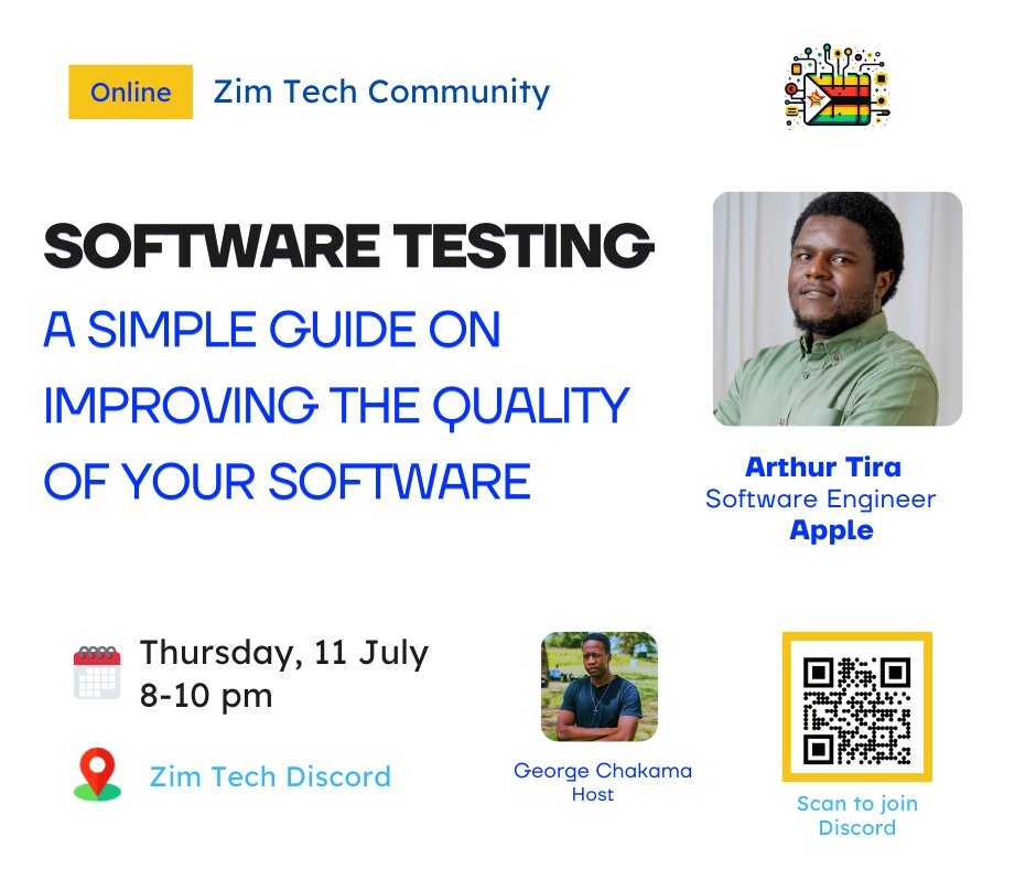 mikeyny_zw's tweet image. Hie guys👋

Join us this Thursday as @arthutira, a Software Engineer at Apple, shares insights on Software Testing and writing quality code. 🧑‍💻

We&apos;ll also have a Q&amp;amp;A session, so come prepared! 📝

📅: 11 July   🕒: 8-10 pm
📍: Zim Tech Discord
🔗: discord.gg/Xpzk87Hkbb