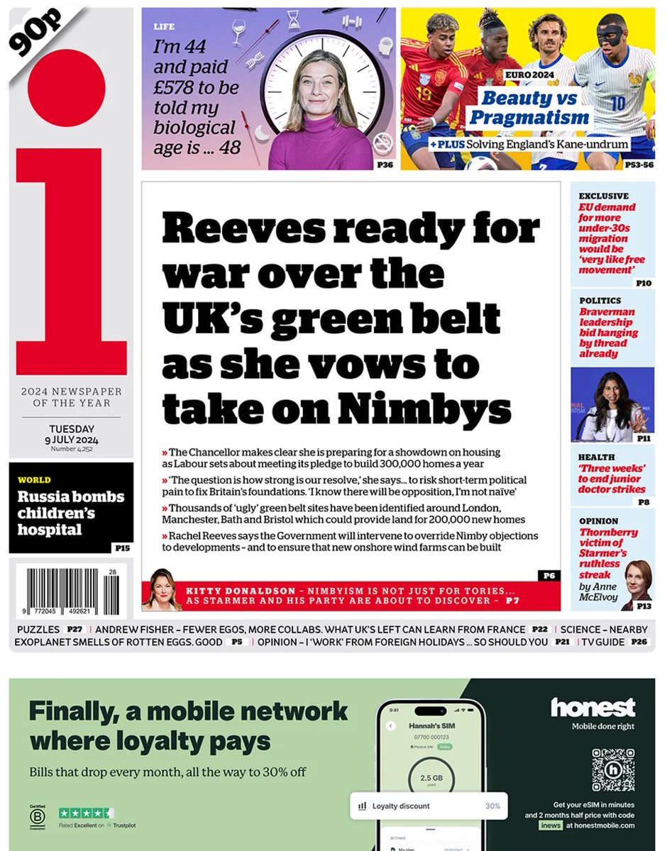 standard_ngr's tweet photo. TUESDAY JULY 09, 2024 UK NEWSPAPER HEADLINES
1. The Independent
- Dozens killed as Russian Missile strikes on Kyiv hit Children Hospital
2. i Report
- Beauty vs Pragmatism
Tags: #Spain_France I #EURo2024 I #ESPFRA I #UKElections2024 I #UkraineRussiaWar️️ #England I #ENGSWI https://t.co/q5L2TdoVm7