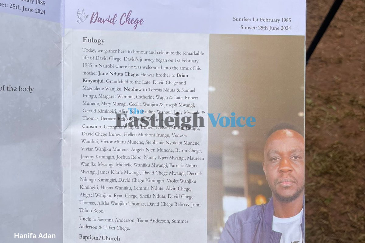 Eastleighvoice's tweet photo. David Chege's burial ceremony is underway, he is among the Kenyans who were shot dead on Tuesday, June 25, 2024, outside parliament. https://t.co/2sUxNHx4iz