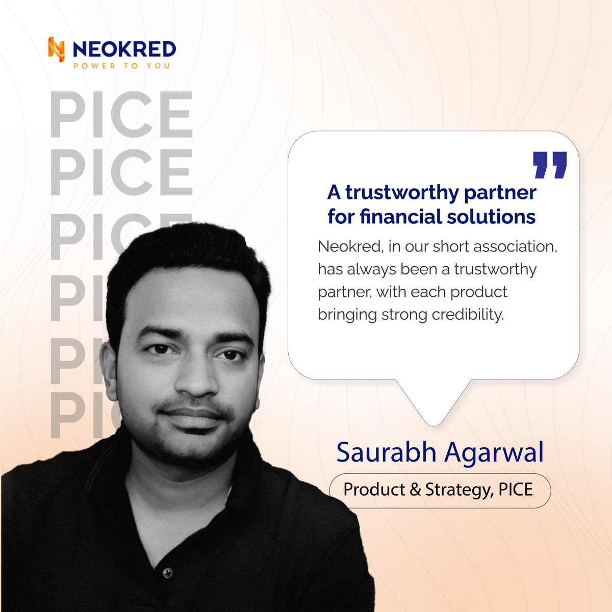 neokredtech's tweet photo. Ensuring financial security is paramount for business success. That’s why Saurabh Agarwal, Product &amp; Strategy, #Pice chose #Neokred. Their reliable solutions bring a strong sense of security to every transaction. #Fintech #Finance #FinancialSolutions #ClientTestimonials #Pice https://t.co/b9wo2BFsfE