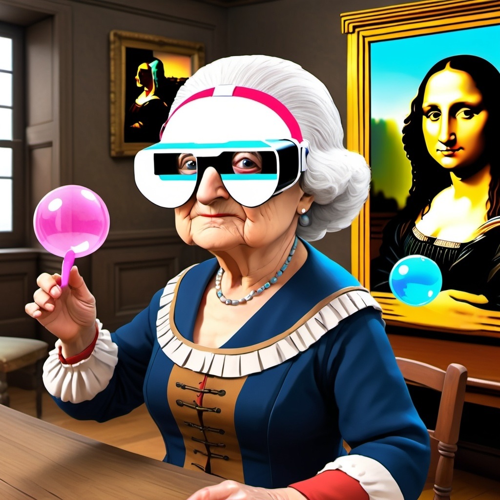 VrGrandmaToken's tweet photo. ⏳👵 VR Grandma's Time Travel Pranks! Watch VR Grandma pull hilarious pranks in different historical eras! 😂🎩 Swapping George Washington's wig, photobombing the Mona Lisa, and introducing bubble gum to ancient Rome! 🍬✨ Don’t miss VRGMA launching 05/08/2024 at 7 PM UTC https://t.co/eQ1reyrilo