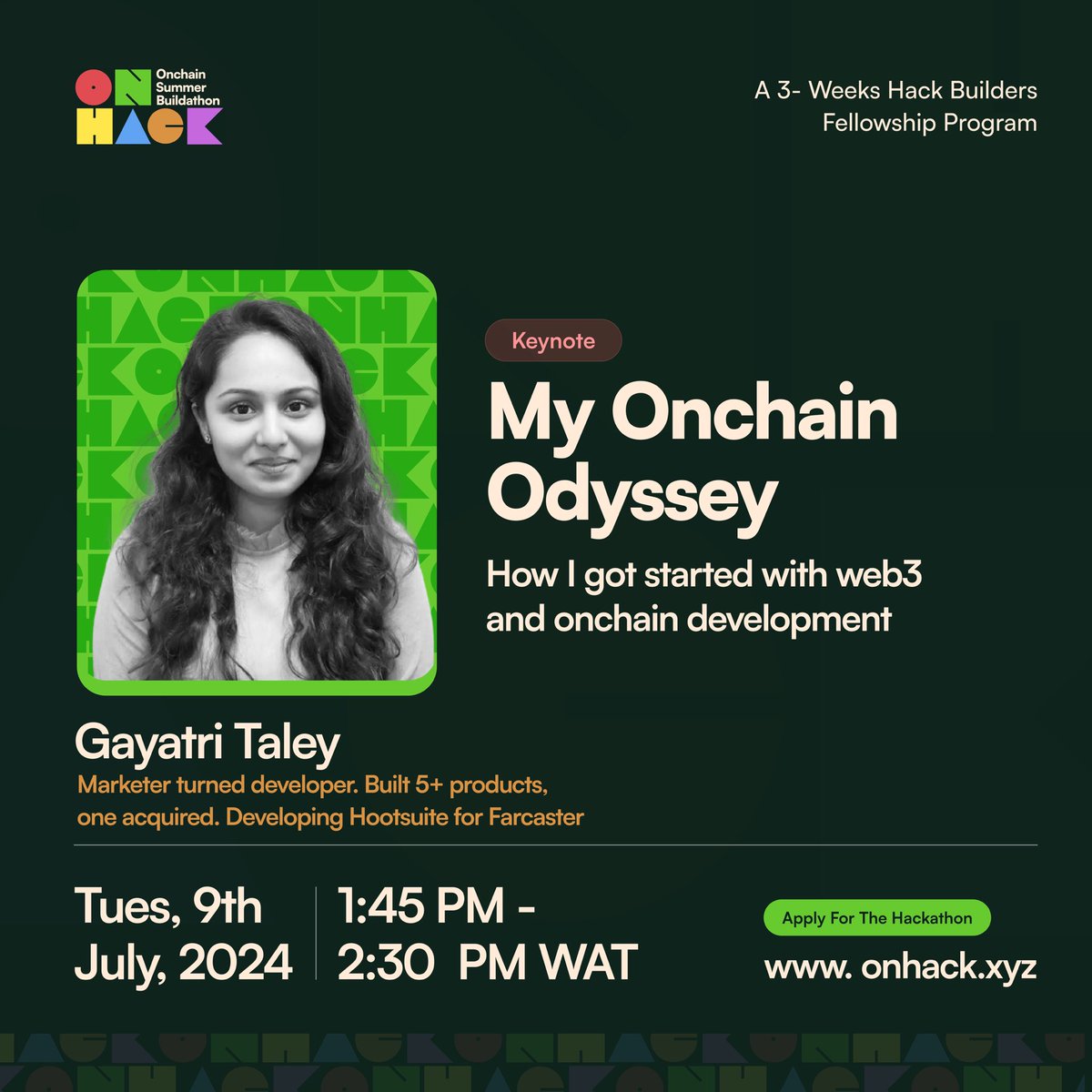 YeleBademosi's tweet photo. Super excited to have @gayatri_gt from @callusfbi join OnHack to share her journey as an Onchain Builder…she’s one of the most prolific builders in the @base and @farcaster_xyz ecosystem with 5+ products shipped in less than 6 months https://t.co/LNJwk14I7x