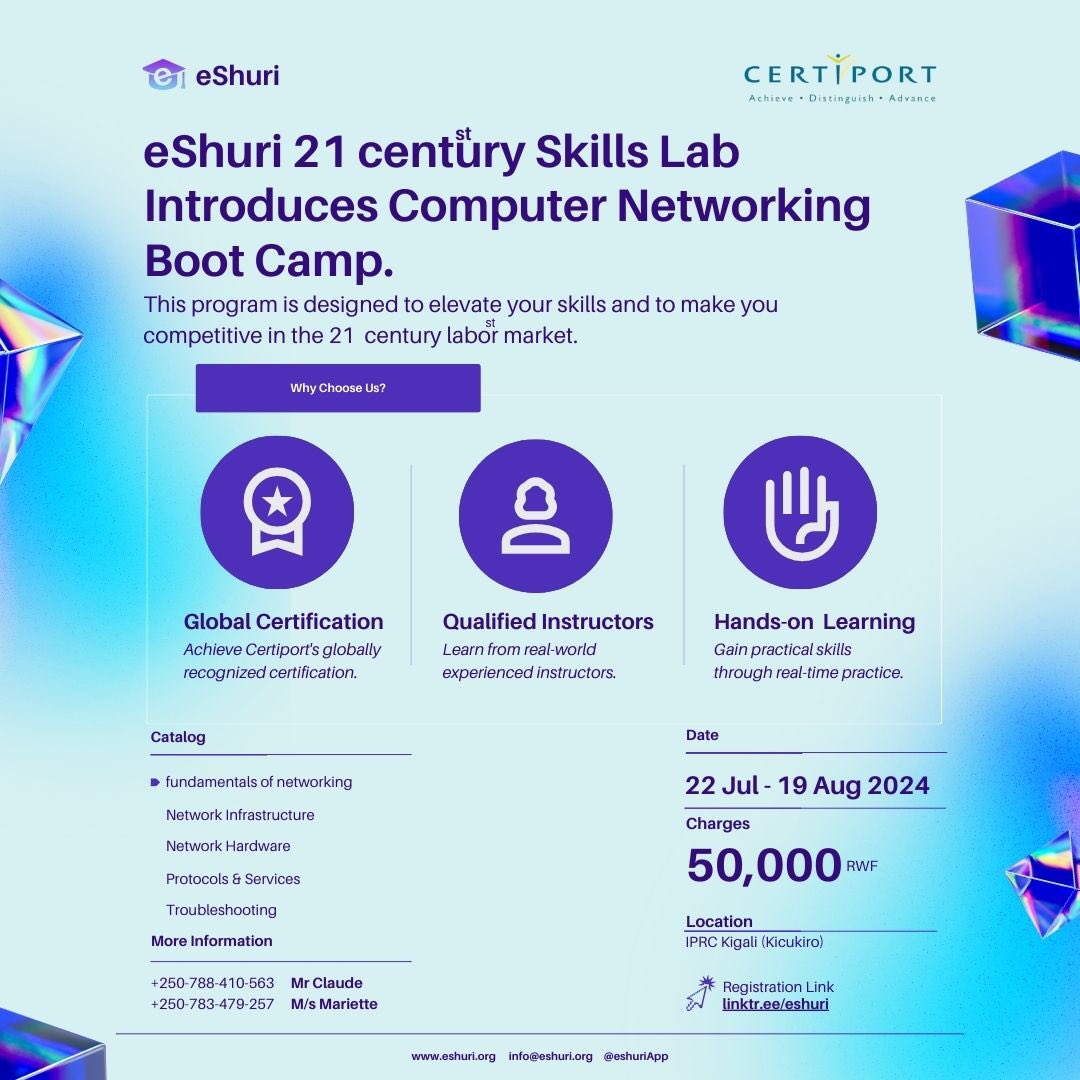 eShuri1's tweet photo. Waba wifuza kongera ubumenyi,eShuri 21st century skills lab aho twabazaniye bootcamp mumasomo yikoranabuhanga Computer Networking  ndetse abazayitabira bakazagira n’amahirwe yo kuba babona impamya-bumenyi ya certiport( World recognized certification).
#Rwanda #careergrowth https://t.co/NaN4UA1beV