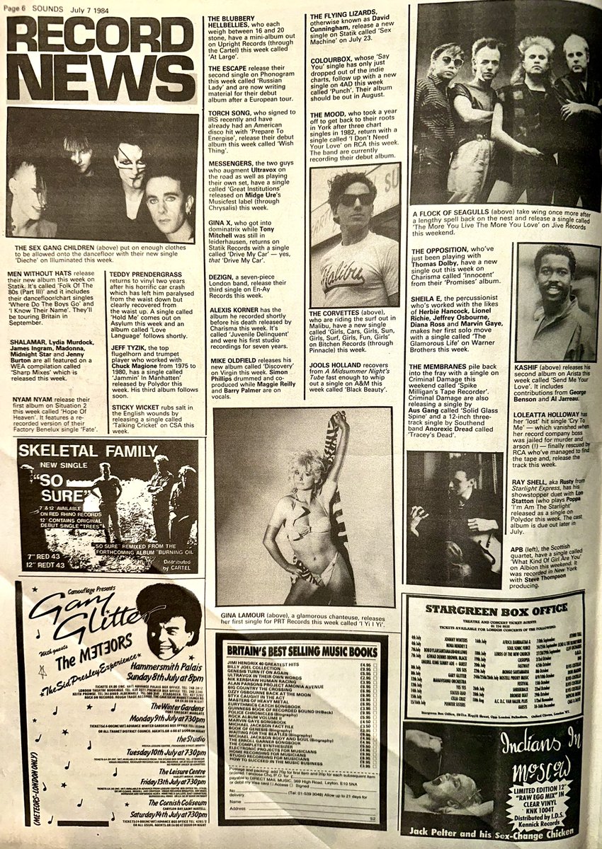 ZoundsAbound's tweet photo. This week’s round up of Record & Tour News features info on, among many others, #MenWithoutHats #TeddyPrendergrass #GinaX #AlexisKorner #TheFlyingLizards #TheCorvettes @SheilaEdrummer #TheJets & @official_jcc
Sounds Jul 7th 1984 https://t.co/4FQZA3SJXO