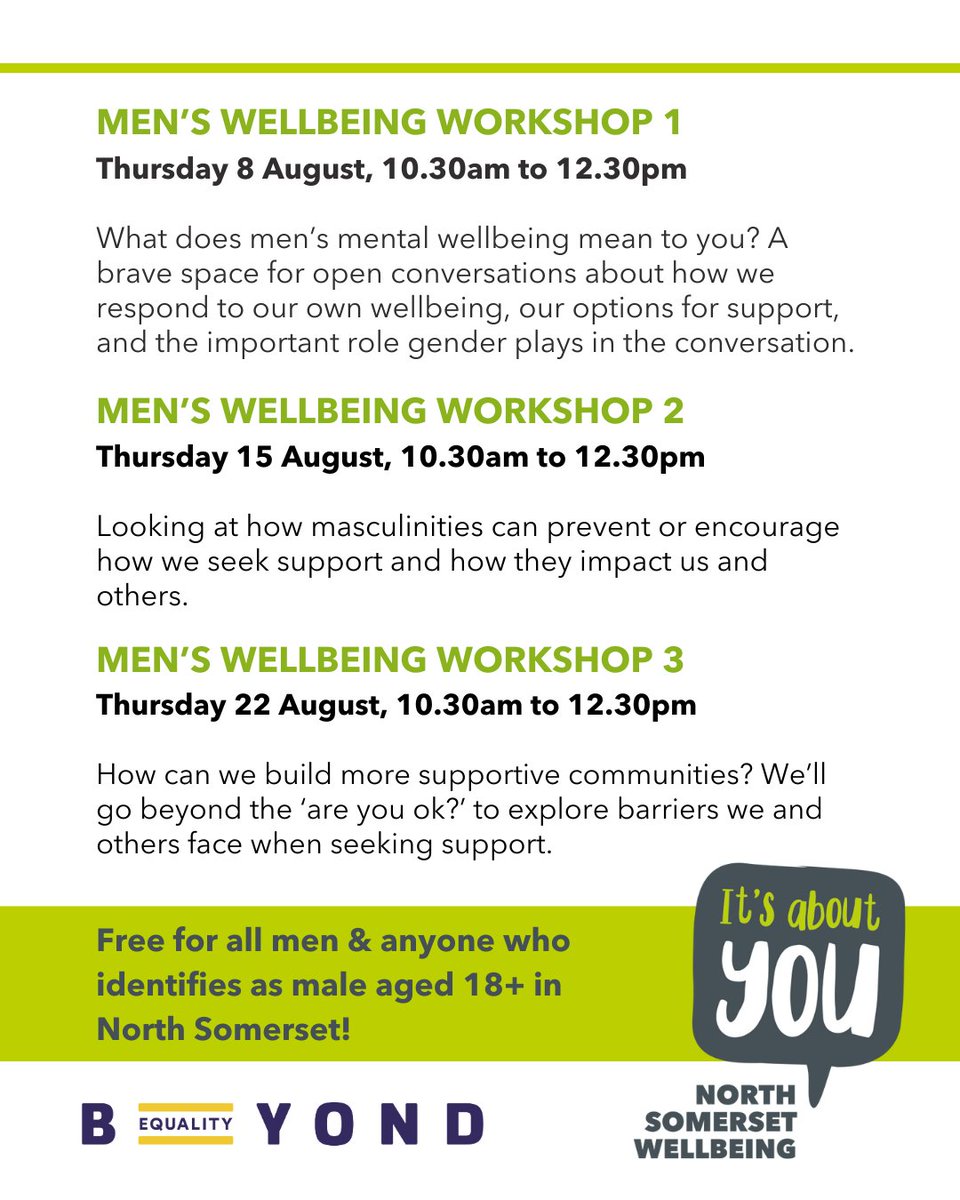 Second Step (@wearesecondstep) on Twitter photo This Aug we're teaming up with <a href="/Beyond_Equality/">Beyond Equality</a> to offer 3 FREE wellbeing workshops for men in North Somerset!
All men aged 18+ in North Somerset welcome. This will be a safe space to connect & have genuine chats about male wellbeing.
Find out more: second-step.co.uk/sign-up-free-w⦠This Aug we're teaming up with <a href="/Beyond_Equality/">Beyond Equality</a> to offer 3 FREE wellbeing workshops for men in North Somerset!
All men aged 18+ in North Somerset welcome. This will be a safe space to connect & have genuine chats about male wellbeing.
Find out more: second-step.co.uk/sign-up-free-wā¦