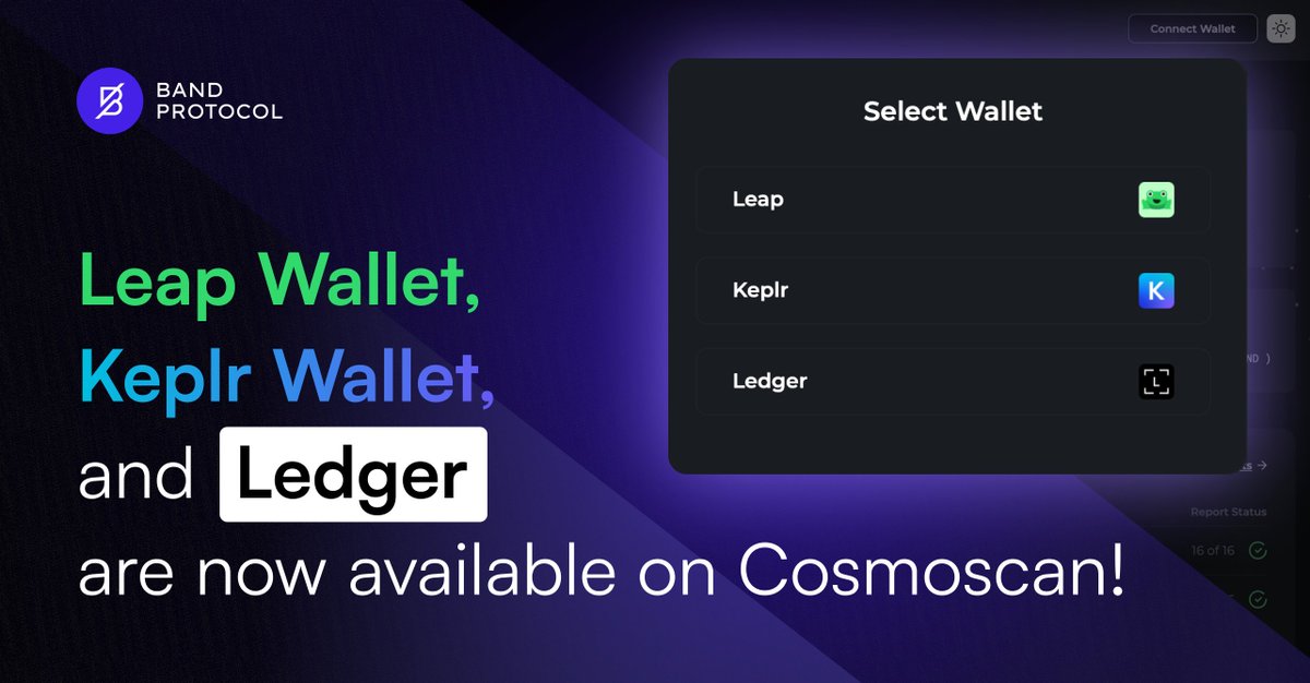 BandProtocol's tweet photo. ⚛️ Leap Wallet (@leap_cosmos), @keplrwallet, and @Ledger are now supported on Cosmoscan, offering more ways to connect with #bandchain seamlessly!
⚛️ Connect Wallet Tutorial👉 https://t.co/NSQXLD8QRt
. 
#bandprotocol https://t.co/IbLlTzmbSw