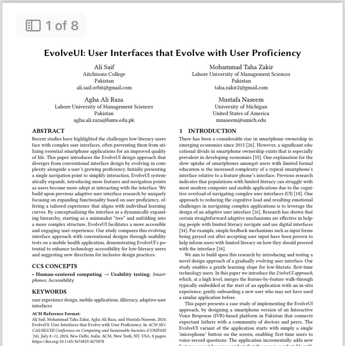 umarsaif's tweet photo. Super proud of my son Ali Saif. He grew up in a household where research projects and publications were the table talk.

So, at the age of just 15, finishing his O-levels, he has his first publication in a top tier Computer Science conference.

I joked with him that I could only manage such a publication in the second year of my PhD, and he hasn’t started his A-levels yet. His retort: “I was also the youngest A* in O-levels CS in Pakistan when I was only in grade 8!”

His research paper was inspired by his experience of being the go-to tech guy for his grand parents and how he believes traditional user interfaces confuse first time technology users. So his radical proposal is to design interfaces which “evolve” with the proficiency of the user. Cool idea!

He implemented the idea in collaboration with a research team at LUMS and University of Michigan. Read his paper and view the accompanying 3-mins video — I am for sure impressed at what he is able to do to one up his dad!

Video link: https://t.co/3qi2wqh0hB