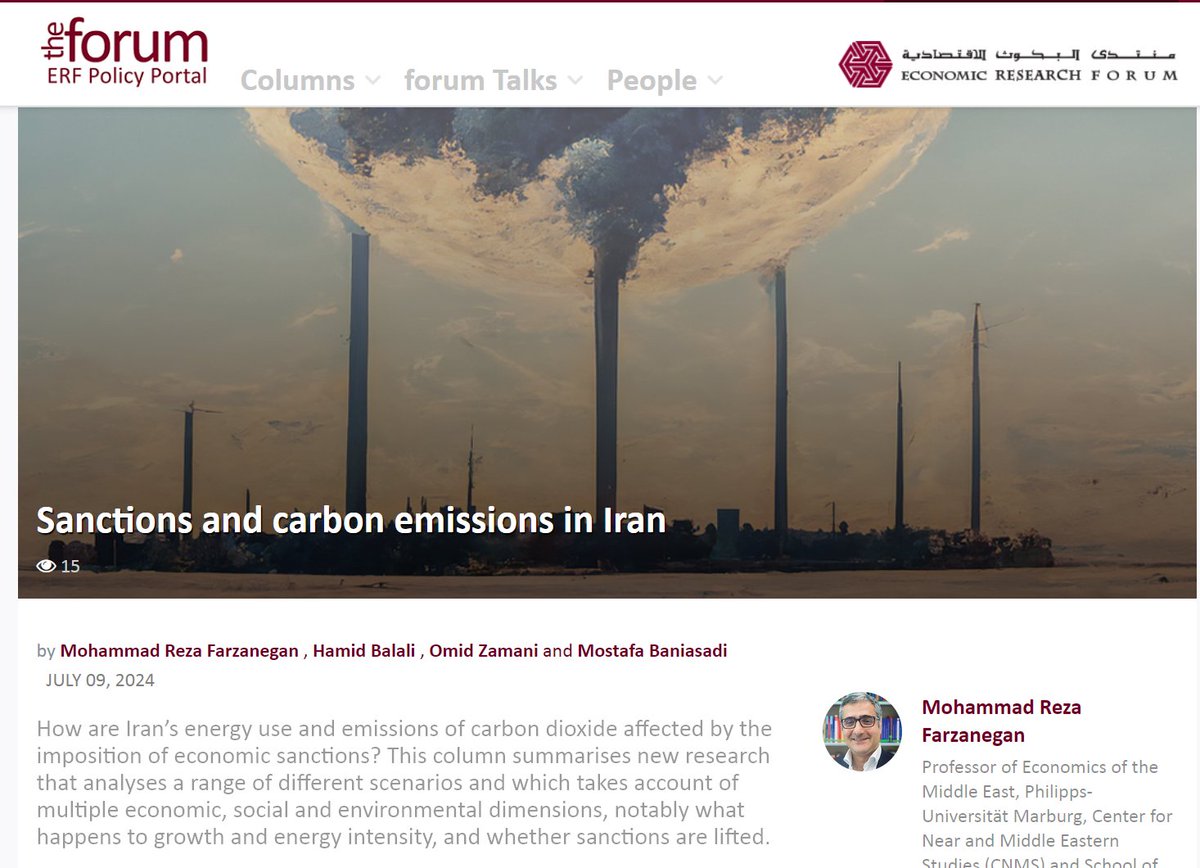 MR_Farzanegan's tweet image. Check out our latest note: &quot;Sanctions &amp;amp; Carbon Emissions in Iran&quot; @ERFlatest

How do sanctions impact #Iran&apos;s #CO2 emissions? We examine multiple scenarios using #system_dynamic, revealing that the costs of #sanctions extend beyond the sanctioned country. shorturl.at/79Oq8