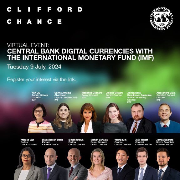Rhoda Weeks-Brown (@rhodaweeksbrown) on Twitter photo Join IMF Legal today at 9:00 EST in an exciting virtual event on Central Bank Digital Currencies, co-hosted with <a href="/Clifford_Chance/">Clifford Chance</a>!
Topics include CBDCs legal status & design, private sector intermediaries & payment laws.
Register here! bit.ly/3VSfLex Join IMF Legal today at 9:00 EST in an exciting virtual event on Central Bank Digital Currencies, co-hosted with <a href="/Clifford_Chance/">Clifford Chance</a>!
Topics include CBDCs legal status & design, private sector intermediaries & payment laws.
Register here! bit.ly/3VSfLex
