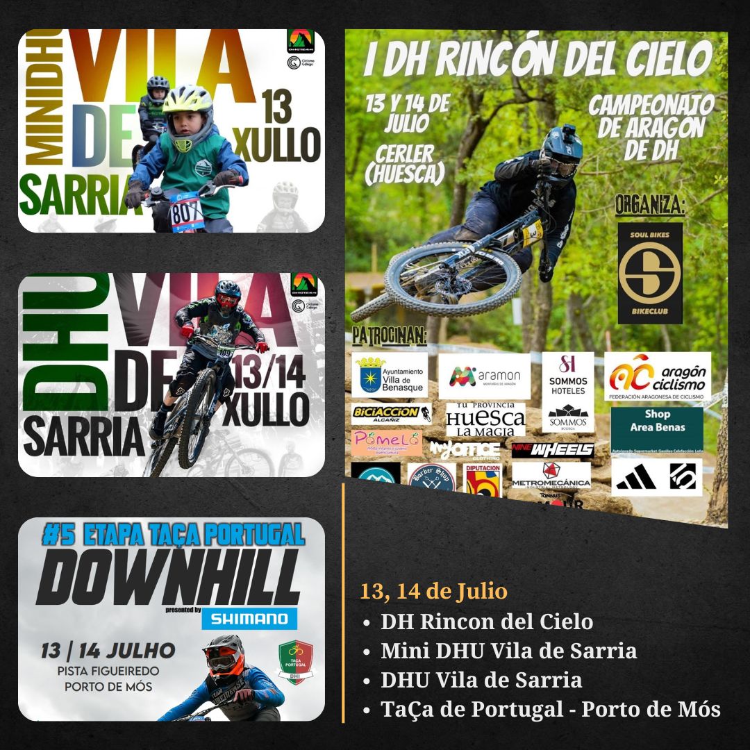 ¿Os apetece unas carreras preparatorias antes del Campeonato Nacional? Aqui las opciones para el próximo fin de semana. DH en Cerler, DHU para peques y mayores en Sarria, y la TaÇa de Portugal en Porto de Mós. A entrenarrrrrrrrrrrr, go go go. 

+info: downhillspain.com