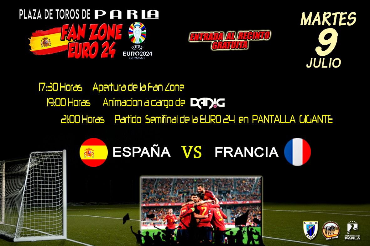 AytoParla's tweet photo. Disfruta a lo grande del encuentro entre ⚽️España y Francia en semifinales de la @EURO2024 en la Fan Zone organizada por @adparla y @parla_taurina en la Plaza de Toros de #Parla. Entrada gratuita.👏👏¡Mucha suerte a @eSefutbol¡ https://t.co/XrVEGdK22t