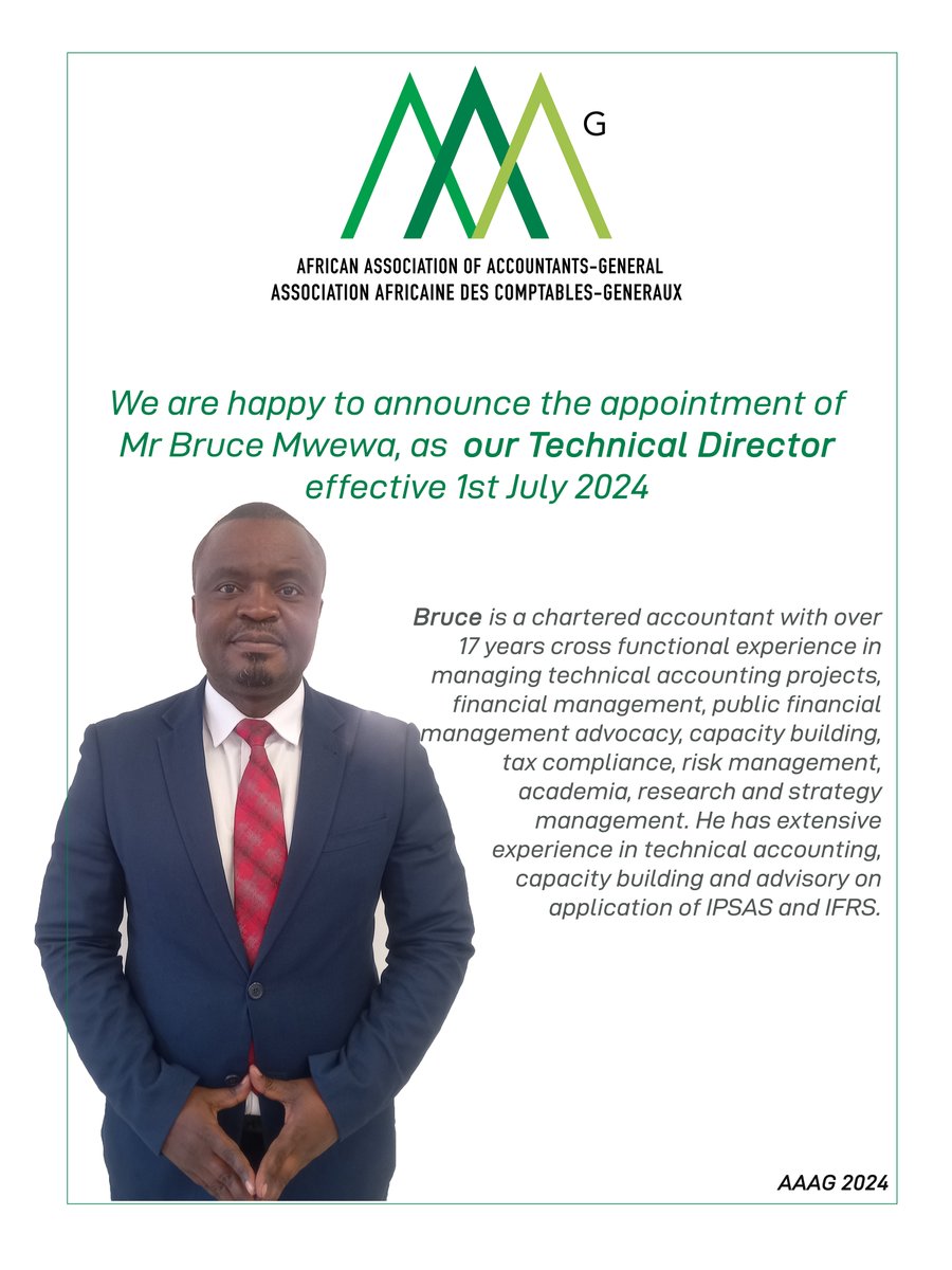 AfricanAGs's tweet photo. 📢 Exciting News! 📢
We are thrilled to welcome Mr. Bruce Mwewa as our new AAAG Technical Director, effective July 1, 2024! With over 17 years of experience in technical accounting, financial management, and public financial management advocacy, 
https://t.co/ZEFjLtuwRD https://t.co/R0rhACXPpm