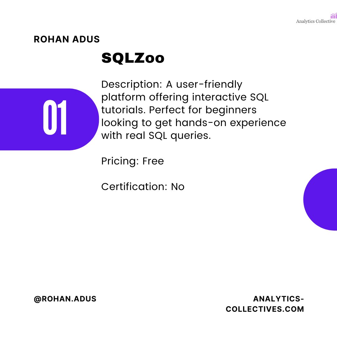 RohanAdus's tweet image. Start your SQL journey today! SQLZoo offers hands-on experience while W3Schools provides detailed tutorials. Also, explore LeetCode and HackerRank for more challenges. All are free and invaluable resources for anyone looking to learn SQL! 📈 #LearnSQL #DataScience #CodeNewbie