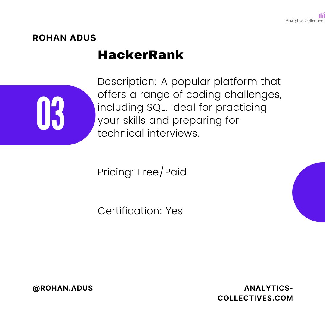 RohanAdus's tweet image. Start your SQL journey today! SQLZoo offers hands-on experience while W3Schools provides detailed tutorials. Also, explore LeetCode and HackerRank for more challenges. All are free and invaluable resources for anyone looking to learn SQL! 📈 #LearnSQL #DataScience #CodeNewbie