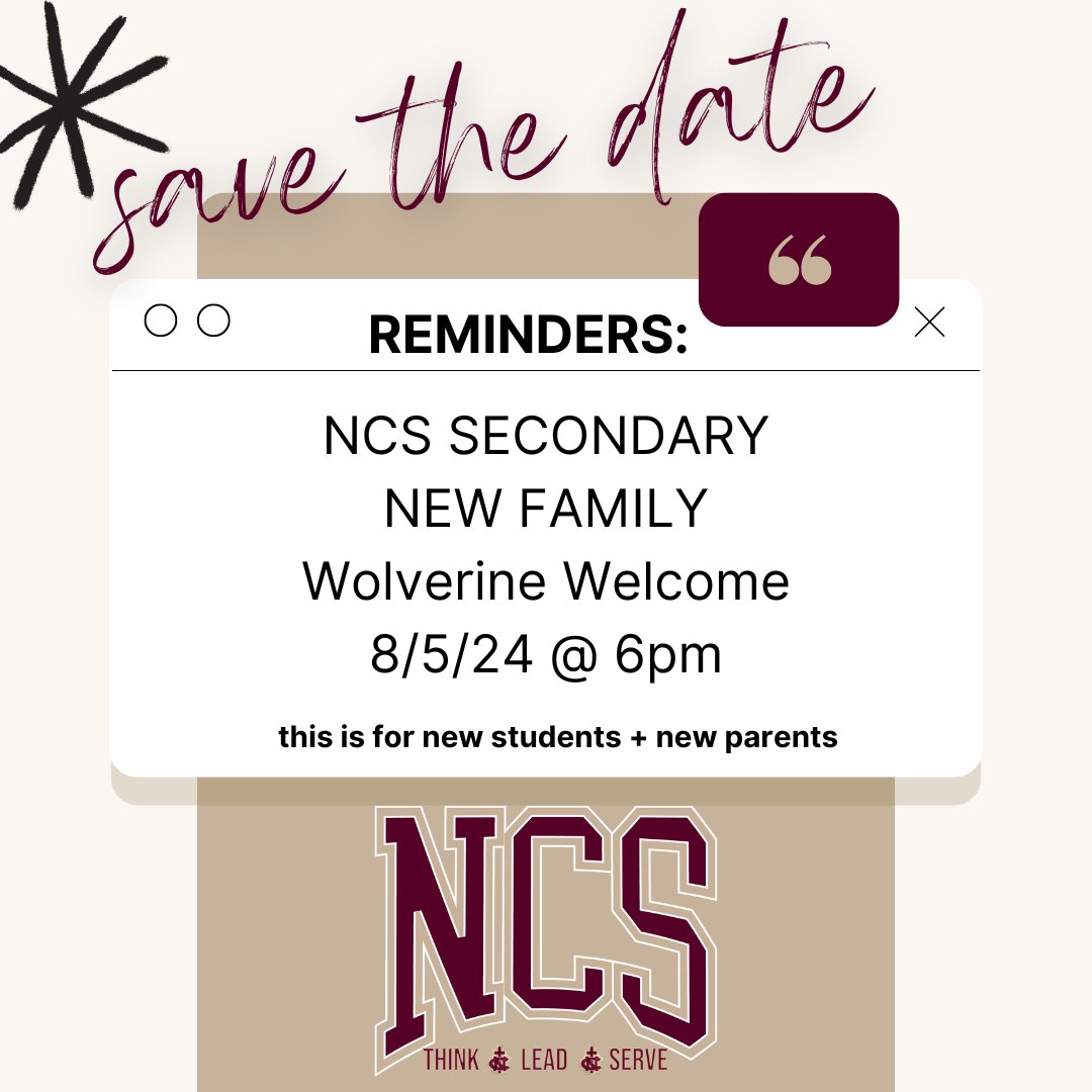 NCSCovington's tweet image. New to the NCS Secondary School? Make sure you attend this special night JUST for you and your student! There will be an informational meeting for parents while the students get to walk their schedule with a few of our current NCS Student Ambassadors! You don't want to miss it!