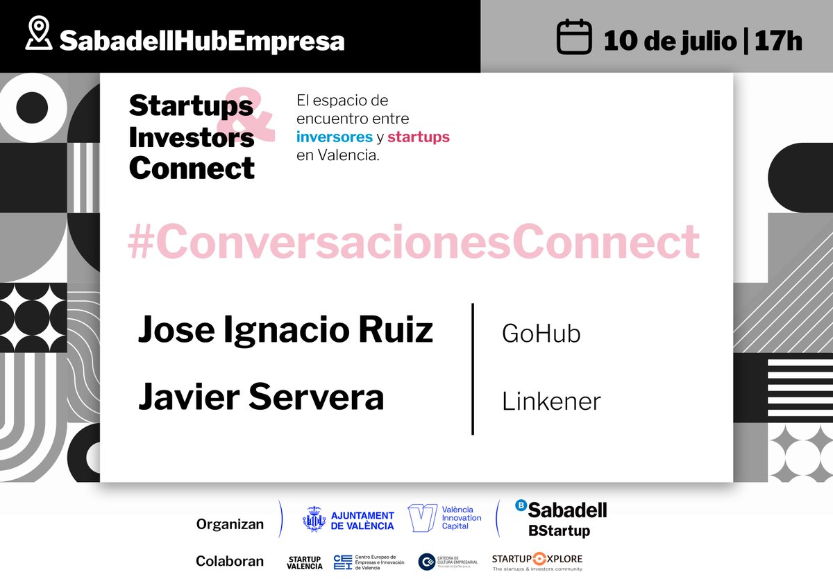 vlciconnect's tweet photo. #SIConnect MAÑANA te esperamos en @BStartup para un nuevo 🚀 Startups &amp; Inversors Connect que contará con las #ConversacionesConnect de

🗣️ @jiruiz (@GoHubVentures) 
🗣️ Javier Servera (#Linkener)

¿Te lo vas a perder? 

Inscríbete para asistir 👇
https://t.co/ezh3xFWlSP https://t.co/SfWBfaCvIj