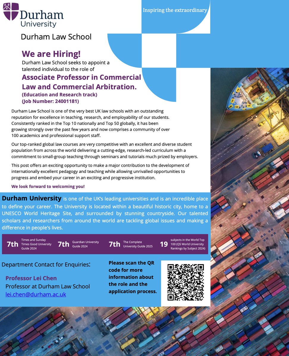 We are #hiring! 
 
<a href="/DurhamLawSchool/">Durham Law School</a> seeks to appoint a talented individual to the role of Associate Professor in Commercial Law and Commercial Arbitration.
 
Learn more and apply 👉 durham.taleo.net/careersection/…