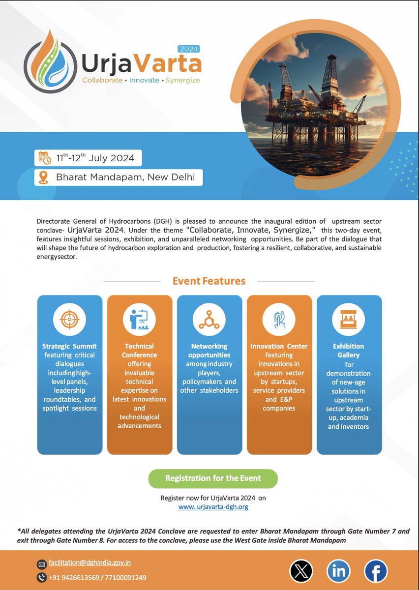 Talk Energy! <a href="/DGHindia/">DGH</a>  is delighted to host UrjaVarta2024, a two-day event designed to serve as a strategic forum for industry. Collaborate, Innovate, Synergize with us on 11th-12th July at Bharat Mandapam, New Delhi.
Info: urjavarta-dgh.org 
#UrjaVarta2024 #oilandgas