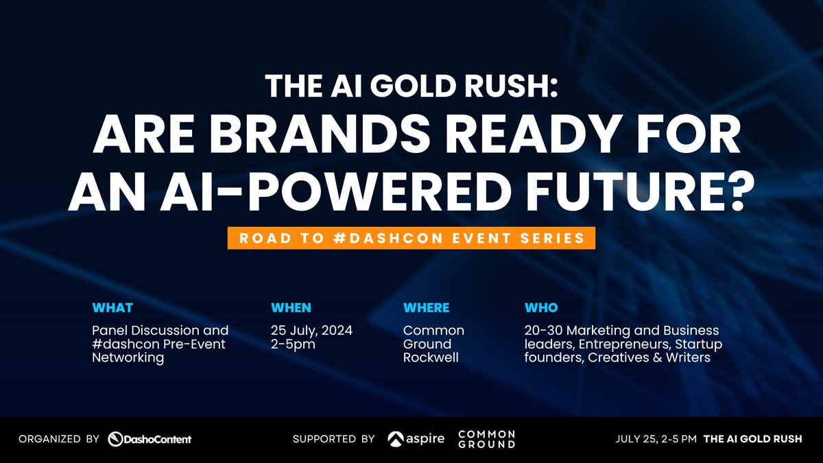 DashoContent's tweet image. Join us for ‘The AI Gold Rush: Are Brands Ready for an AI-powered Future?&apos; on our road to #dashcon2024!

Chat with marketing and business leaders, entrepreneurs, startup founders, creatives &amp;amp; writers about the latest in #AIinMarketing #AIandCreativity and #EthicalAI