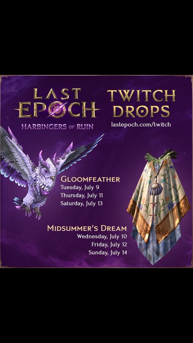 RobotNinja110's tweet photo. 🎮🌟 6 Days, 6 Streams, 3 Opportunities for Each Twitch Drop! 🌟🎮

📅 Mark your calendars and tune in to https://t.co/zghd9MCVOx between 9pm est and 1230am for amazing item drops

#LastEpoch #TwitchDrops #GamingCommunity #StreamerLife #Gloomfeather #MidsummersDream https://t.co/B40BQ6iLLG