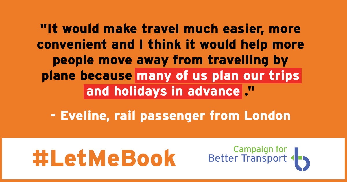CBTransport's tweet photo. We're campaigning to expand the train ticket booking window, so people can book tickets longer in advance. 

Here's what Eveline has to say about our #LetMeBook campaign, we'd love to know your views too👇 https://t.co/yh7h5sMoSv https://t.co/WsTi5wjJeT