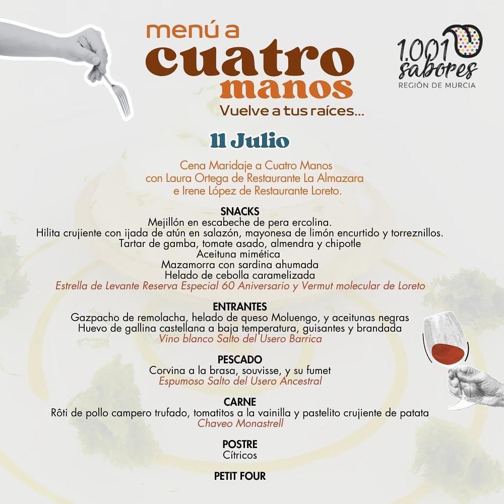 Este jueves a las 21.00h 'Vuelve a tus Raíces' ⬅️ con las jornadas 'Cocina a Cuatro Manos' de #Cehegín.
Nos vemos en 📍<a href="/RestLaAlmazara/">Rest. La Almazara</a> , que allí nos espera 👩‍🍳Laura Ortega  mano a mano🫱🫲 con 👩‍🍳<a href="/Irene_deLoreto/">Irene y Eva - Loreto</a> de Restaurante Loreto de #Jumilla.
¡Imperdible! 
#1001SaboresRM