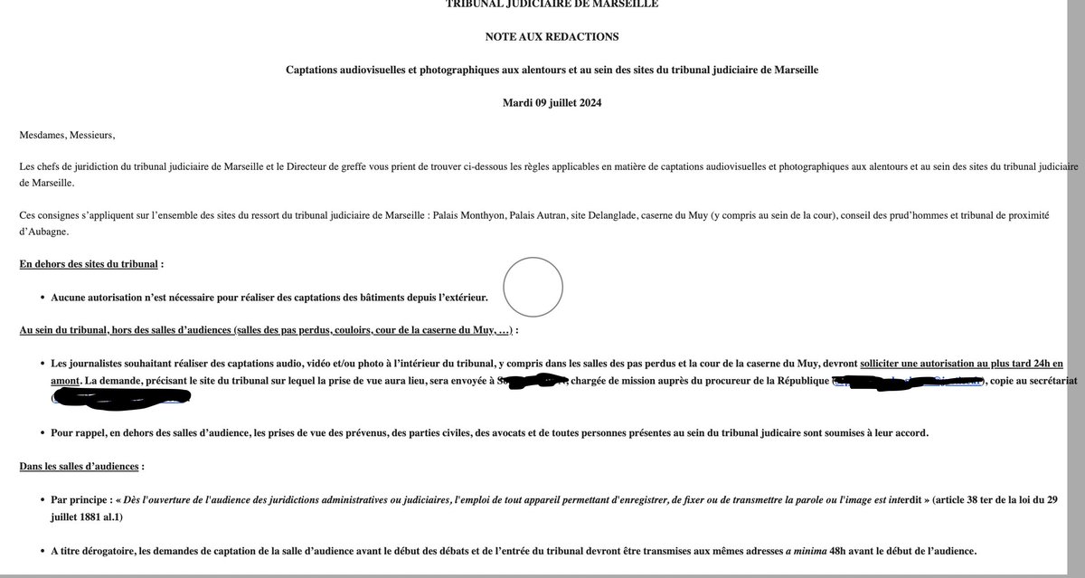 Dans une note aux rédactions, le tribunal judiciaire de Marseille déclare soumettre désormais à autorisation toute captation d'images dans l'enceinte du palais de justice. C'est une restriction unilatérale de la liberté d'informer ! Il nous faut réagir. ⬇️