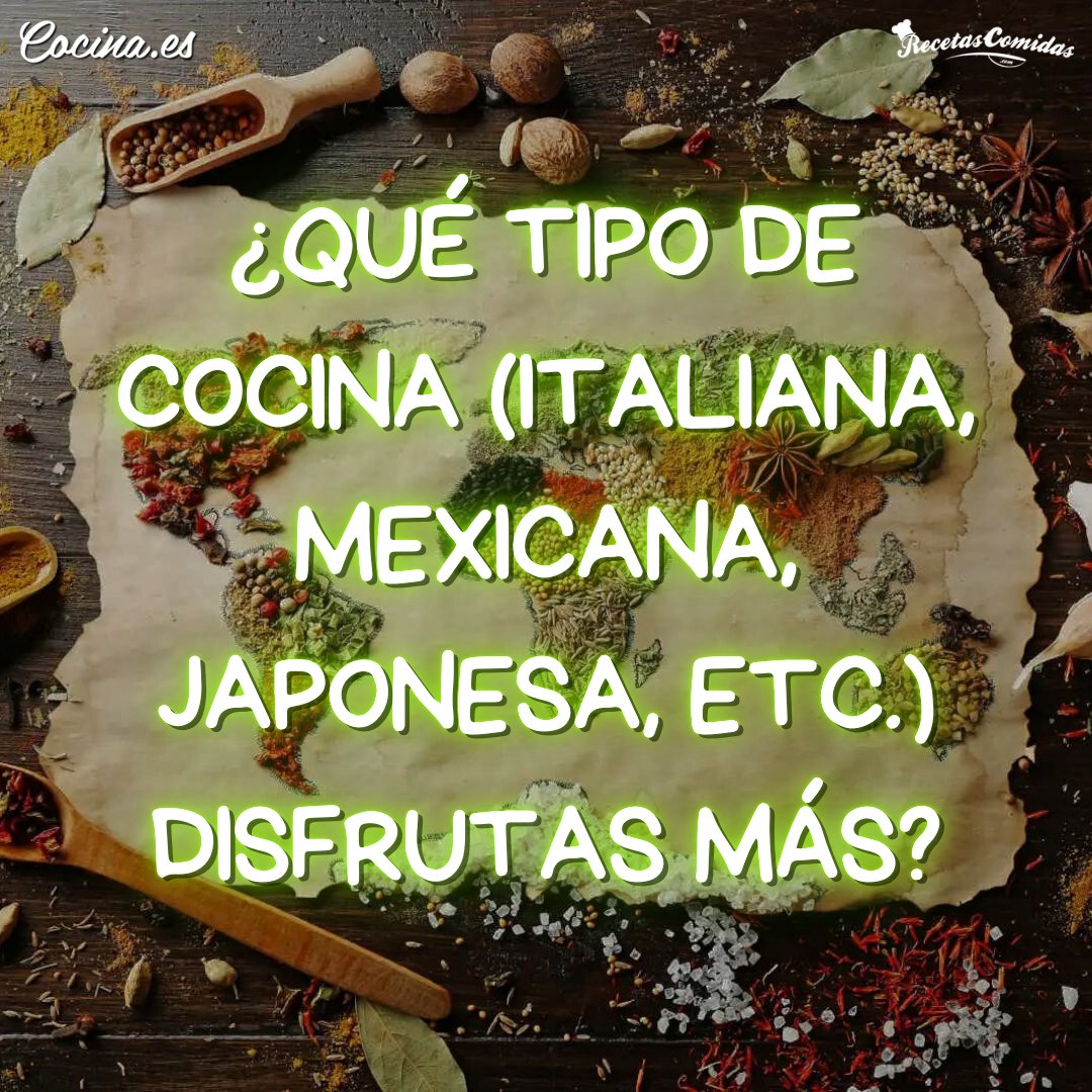 cocina_es's tweet photo. Hoy queremos conoceros un poco más👀
Sabemos que nos escribís de muchas partes del mundo. Pero quitando la comida de vuestro país, ¿qué tipo de cocina (italiana, mexicana, japonesa, etc.) disfrutas más?
#tipodecocina #comidasdelmundo #RecetasComidascom #Cocinaes https://t.co/Azcr1mlBct