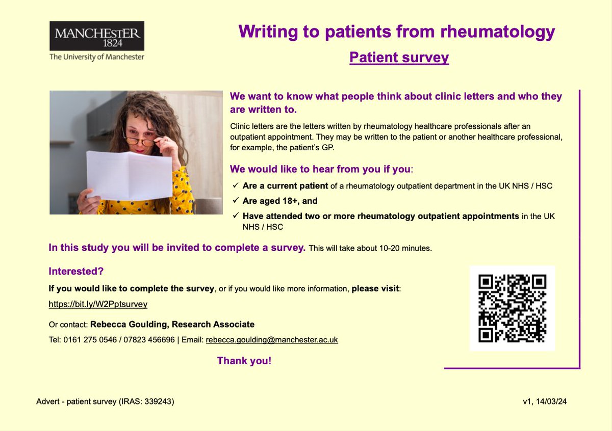 RGouldingUoM's tweet image. NEW SURVEY: We are looking for current patients of #Rheumatology outpatient departments in the UK NHS/HSC. We want to know what you think about clinic letters and who they are written to. To complete our survey, or for more information, please visit: bit.ly/W2Pptsurvey