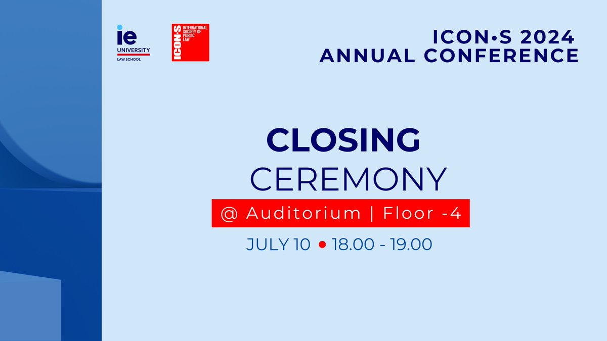 📌⭕️The 2024 ICON•S Annual Conference Closing Ceremony will start at 6:00 pm.  Be there as we unveil the winners of the 2024 Book Prize, reveal the venue for next year's conference &amp; share other announcements that you won't want to miss!   

#iconsmadrid <a href="/ielawschool/">IE Law School</a>