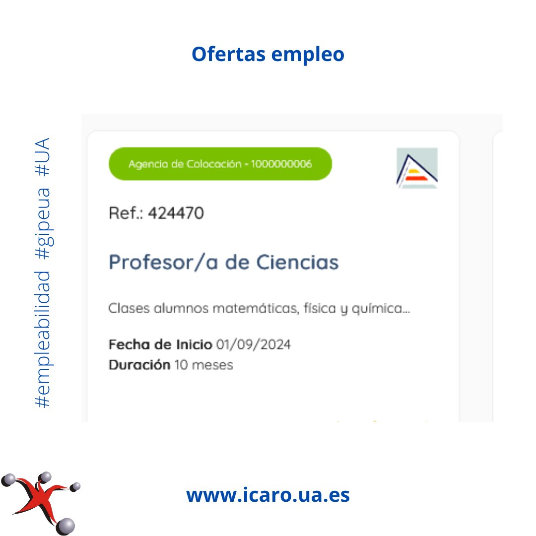 GIPE (@gipeua) on Twitter photo Tablón de ofertas de Empleo:
Profesor/a de Ciencias (San Vicente)
gipe.ua.es/es/tablon-de-o…
<a href="/Ciencias_UA/">CienciasUA</a> <a href="/DelcienciasUA/">Delegación Estudiantes de Ciencias UA</a> <a href="/EPSAlicante/">EPS Alicante</a> <a href="/DEEPSUA/">Delegación de Estudiantes EPS UA</a> <a href="/UA_Universidad/">Universidad de Alicante UA</a> <a href="/CentroEmpleoUA/">Centro de Empleo | UA</a> <a href="/_Alumni_UA/">AlumniUA</a> #empleabilidad #gipeua #UA Tablón de ofertas de Empleo:
Profesor/a de Ciencias (San Vicente)
gipe.ua.es/es/tablon-de-o…
<a href="/Ciencias_UA/">CienciasUA</a> <a href="/DelcienciasUA/">Delegación Estudiantes de Ciencias UA</a> <a href="/EPSAlicante/">EPS Alicante</a> <a href="/DEEPSUA/">Delegación de Estudiantes EPS UA</a> <a href="/UA_Universidad/">Universidad de Alicante UA</a> <a href="/CentroEmpleoUA/">Centro de Empleo | UA</a> <a href="/_Alumni_UA/">AlumniUA</a> #empleabilidad #gipeua #UA