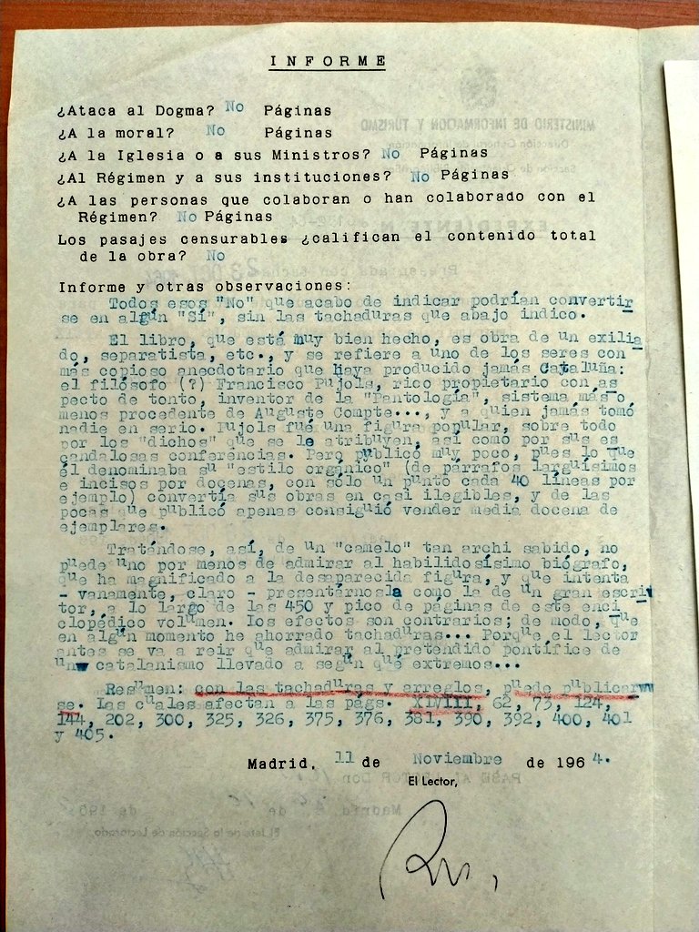 Informe de censura de l'obra d'Artur Bladé Desumvila: Francesc Pujols per ell mateix.

Els comentaris del censor sobre Pujols i la seva obra no tenen desperdici!

Font: AGA.