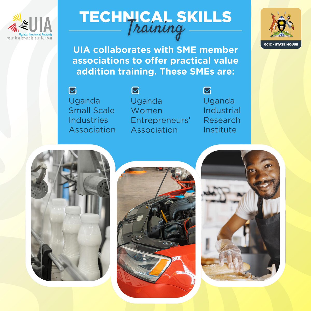 musomesaug's tweet photo. UIA collaborates with SME member associations to offer practical value addition training.
These SMEs include:
βοΈ Uganda Small Scale Industries Association
βοΈ Uganda Women Entrepreneurs' Association
βοΈ Uganda Industrial Research Institute
#OpenGovUg #InvestInUg https://t.co/L4mty9u9q4