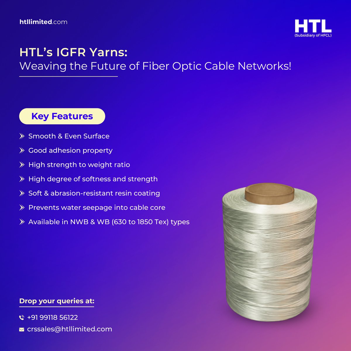 htl_limited's tweet photo. For superior protection, choose from #HTL's range of Non-Water Blocking (NWB) & Water Blocking (WB) #IGFR (Impregnated Glass Fiber Reinforcement) yarn types for #opticalfibercables.
To download our #cablereinforcement brochure, click: https://t.co/wJXBW3mfpl
#IGFRYarns #OFCs https://t.co/8UihQx3p5X