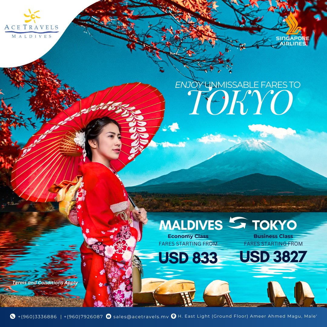 FlyAceFly_'s tweet photo. Experience Tokyo like never before ✨ Don't miss out on our unmissable fares to Tokyo with Singapore Airlines!

✨Contact us for reservations: You can reach us on Whatsapp/Viber +(960)7926087 or call us on +(960)3336886.

#FlyAceFly #AcetravelsMaldives #SingaporeAirlines https://t.co/4QmQlPKQyW