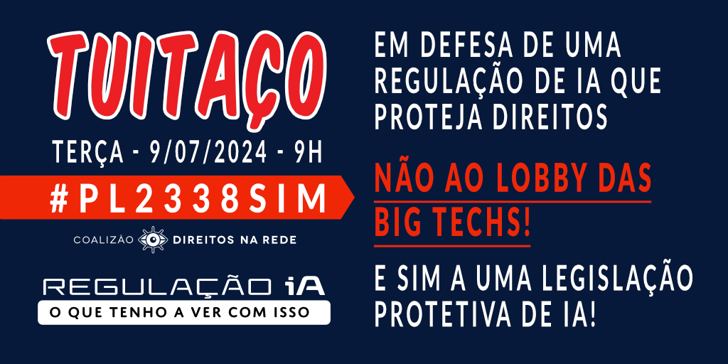 📅 É HOJE, daqui a pouco, às 9h, o tuitaço em defesa de uma regulação de #IA protetiva de direitos para o Brasil! 

❌ Não ao lobby das big techs!

👍Por uma legislação protetiva de IA!

#PL2338SIM #VOTACTIA