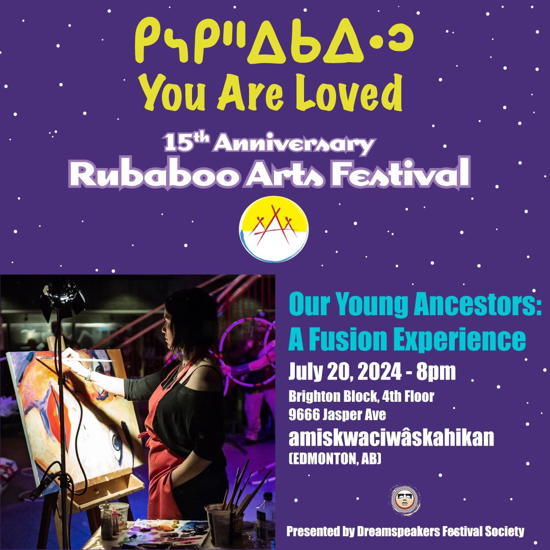 RubabooArtsFest's tweet photo. Our Young Ancestors: A Fusion Experience
July 20, 2024, 8PM MST
Tickets: $15 +fees

Our signature Rubaboo event, infused with love, that honours some of our incredible young ancestors: the late Troy Emery Twigg, Taran J. Kootenhayoo &amp; Bishop Pipestem.

https://t.co/6wP7L5onVn https://t.co/2J5VJyXNTz